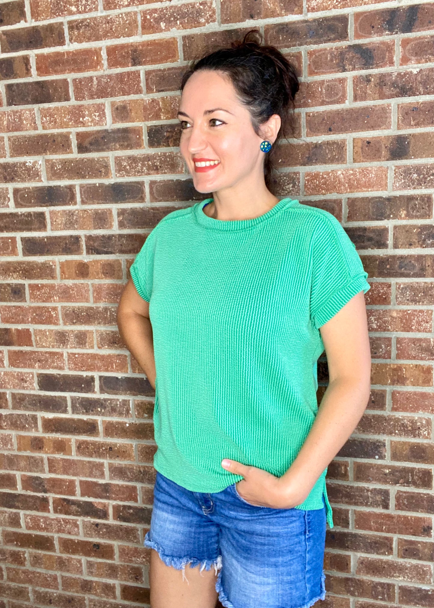Soft Ribbed Round Neck Top - Green