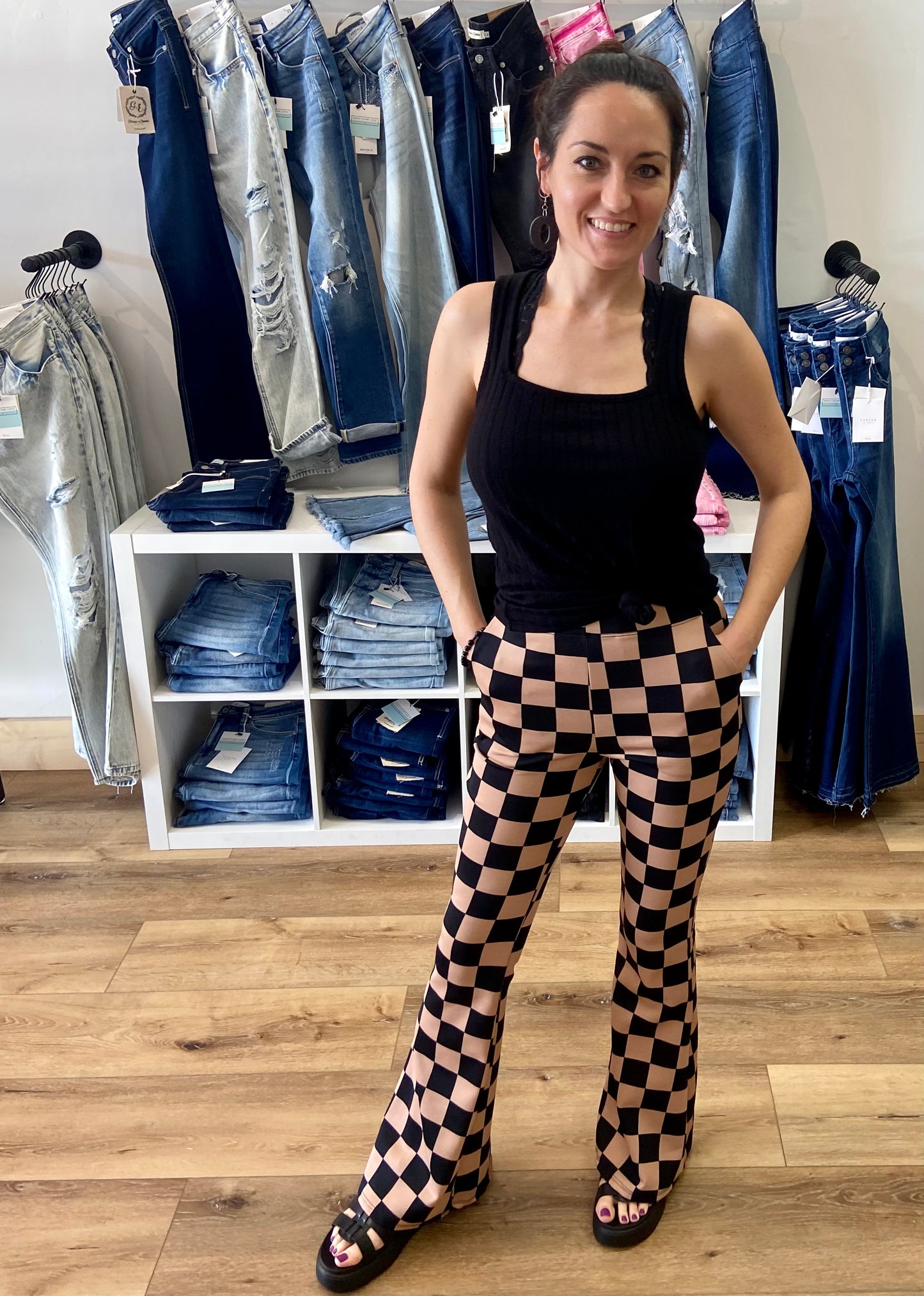 DOORBUSTER! Black & Mocha Checkered Flare Pants