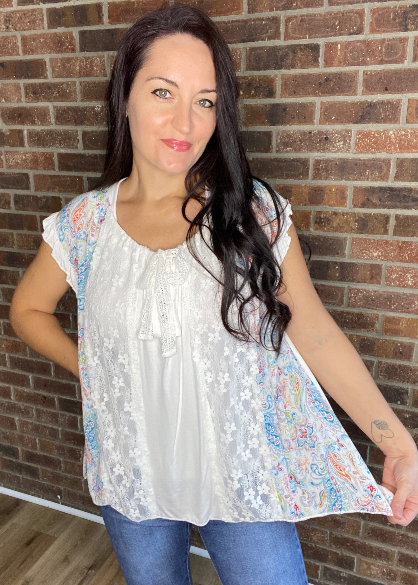 POL Draped in Lace Adjustable Neckline Top- Ivory