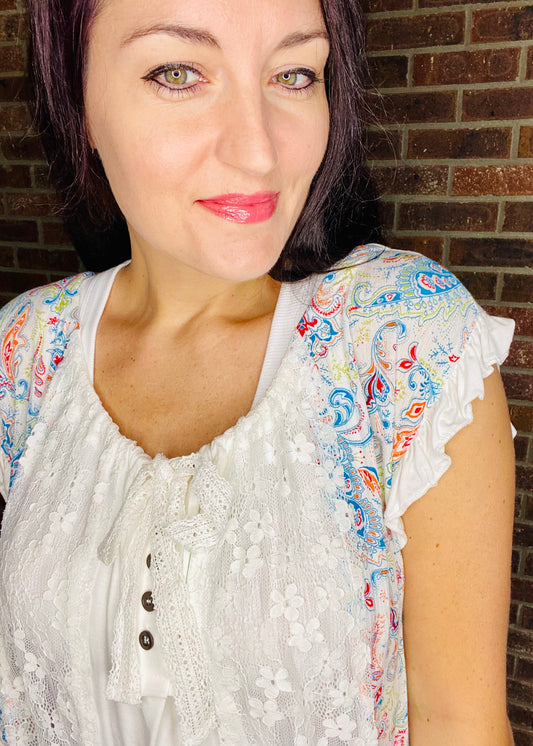 POL Draped in Lace Adjustable Neckline Top- Ivory