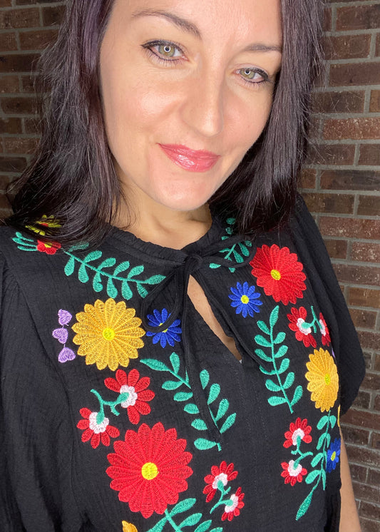 Umgee Floral Embroidery BabyDoll Top - Black