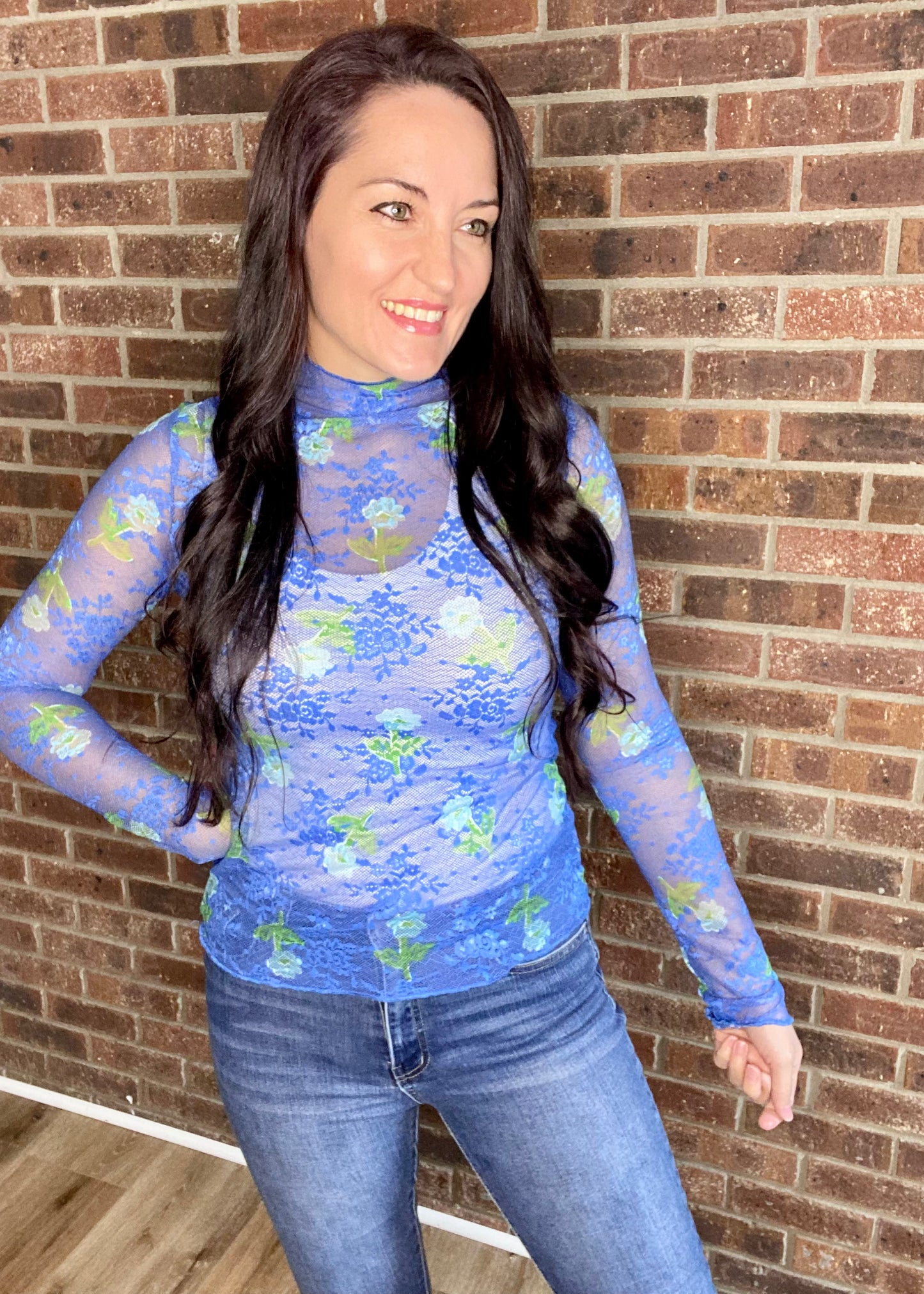 Umgee Bloom Mesh Floral Lace Top - Ocean Blue