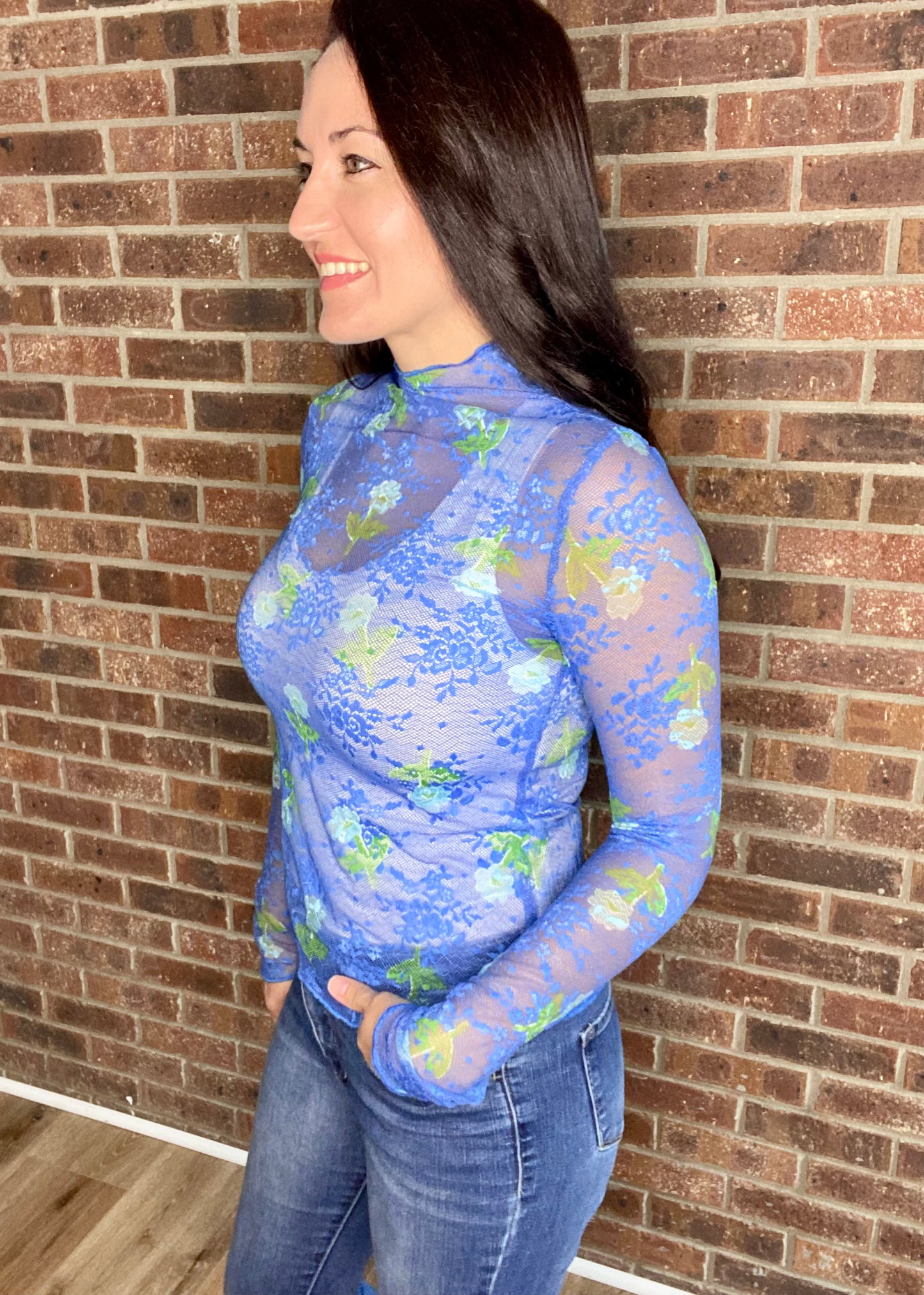 Umgee Bloom Mesh Floral Lace Top - Ocean Blue