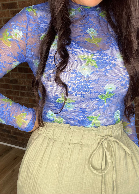 Umgee Bloom Mesh Floral Lace Top - Ocean Blue