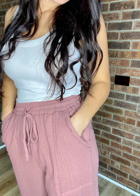 Side Tie Cotton Pants with Lace Detail