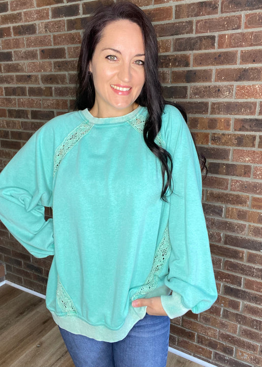 Charming Lace Detail Crewneck - Mint