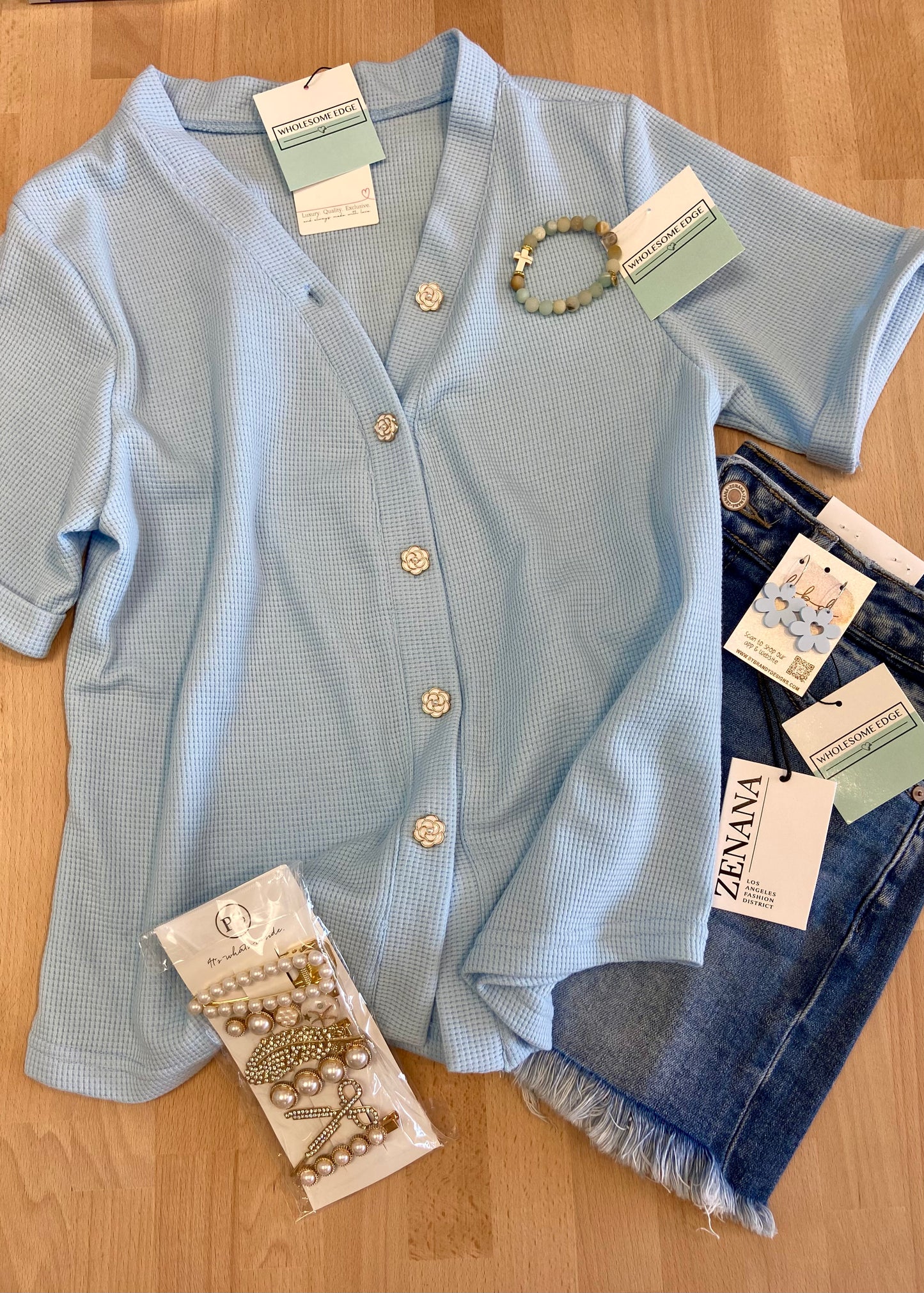 Rose & Pearl Button Top - Baby Blue