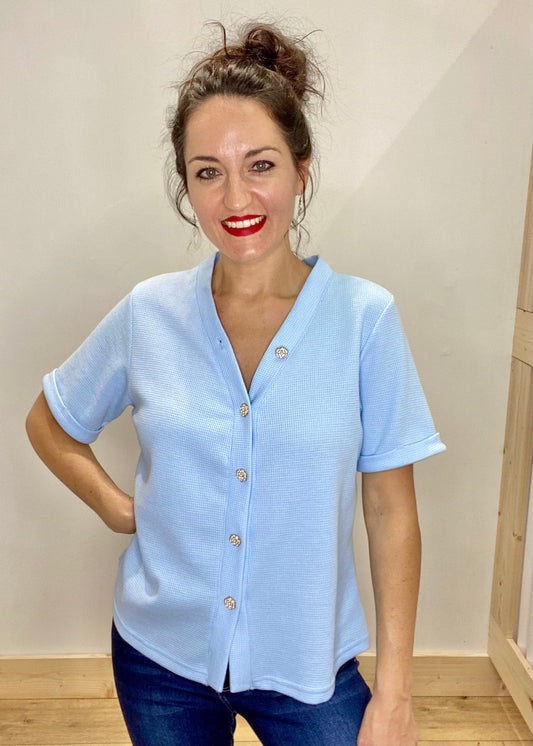 Rose & Pearl Button Top - Baby Blue