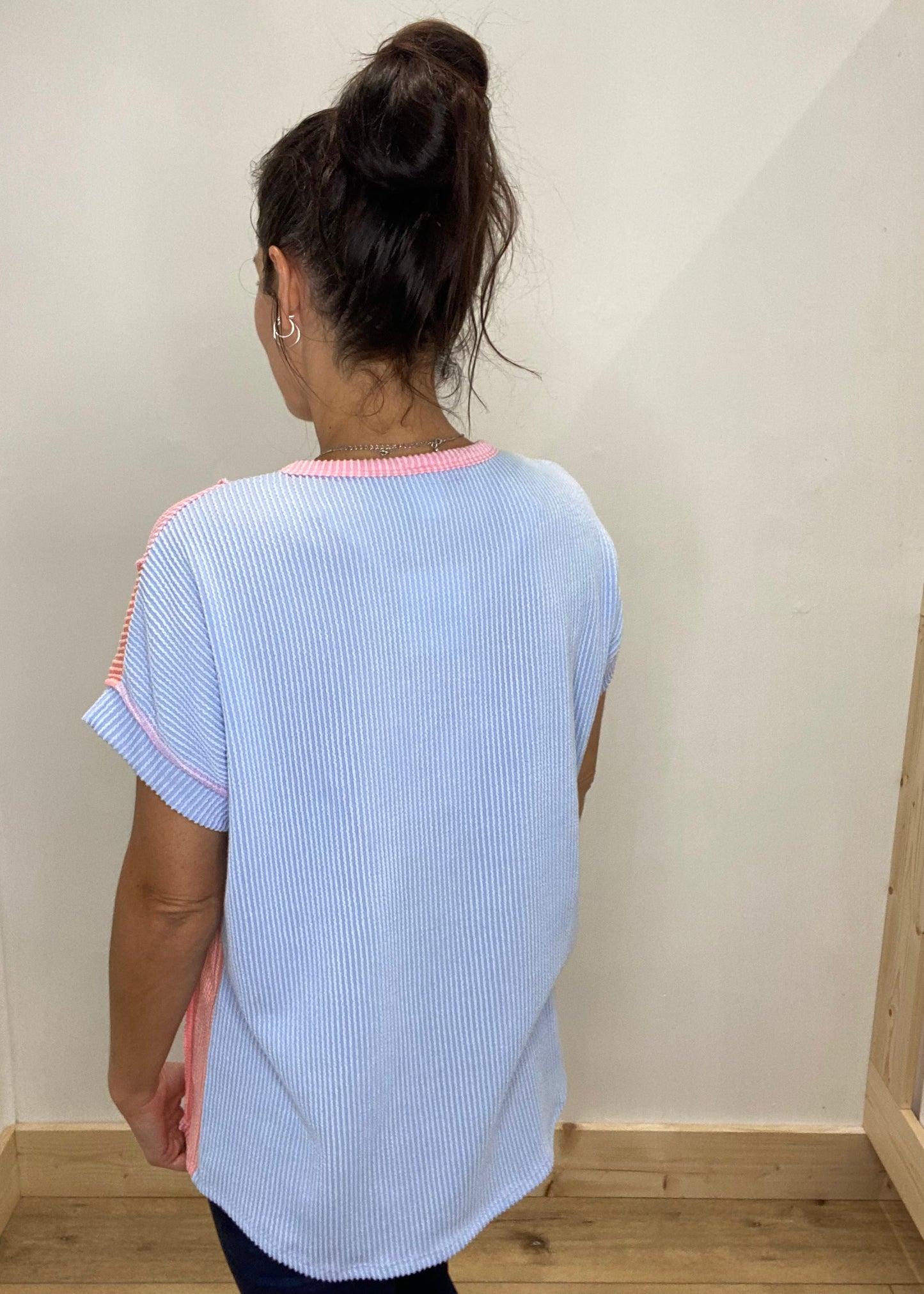 DOORBUSTER! Colorblock Ribbed Button Neck Top - Blue Combo