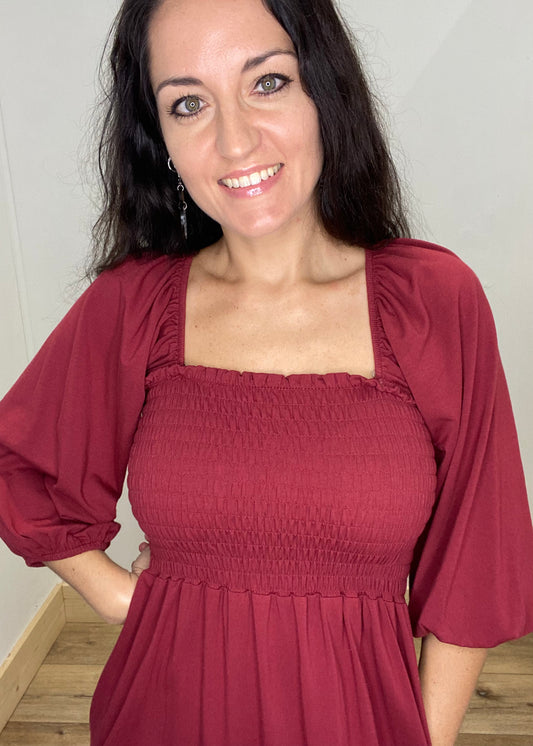 DOORBUSTER! Comfy Smocked Tie Back Dress - Red Wine