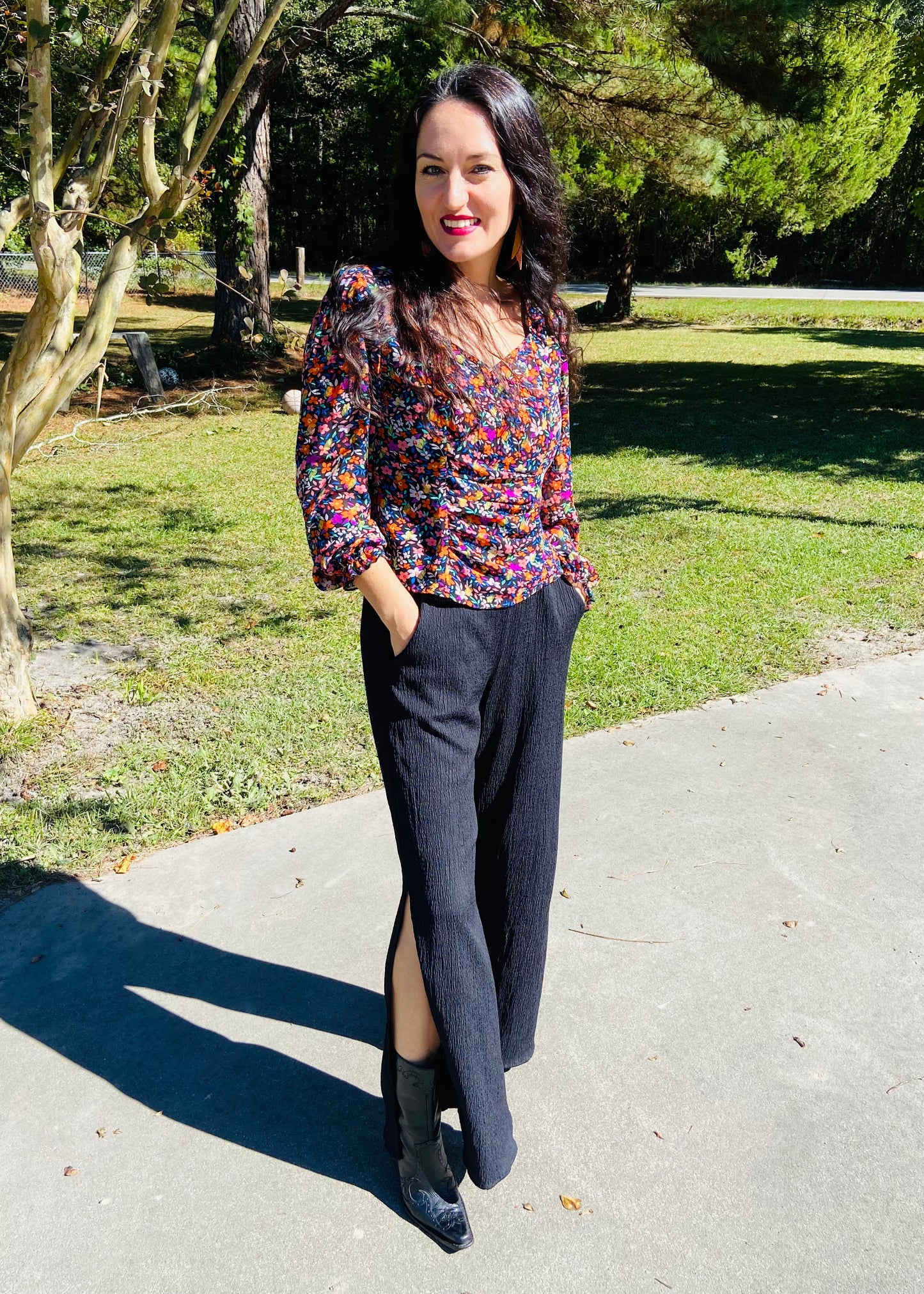 Floral Faux Wrap Front Blouse