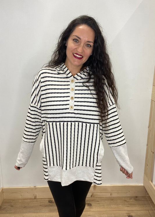 Yes Please! Striped Pullover Hoodie - Ivory & Black