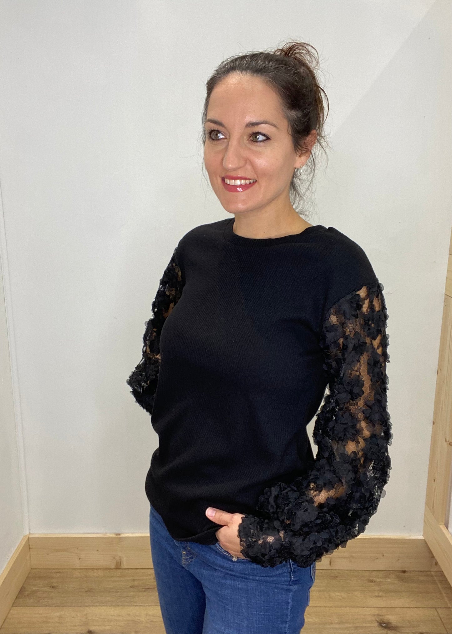 Fancy Floral Mesh Sleeve Blouse
