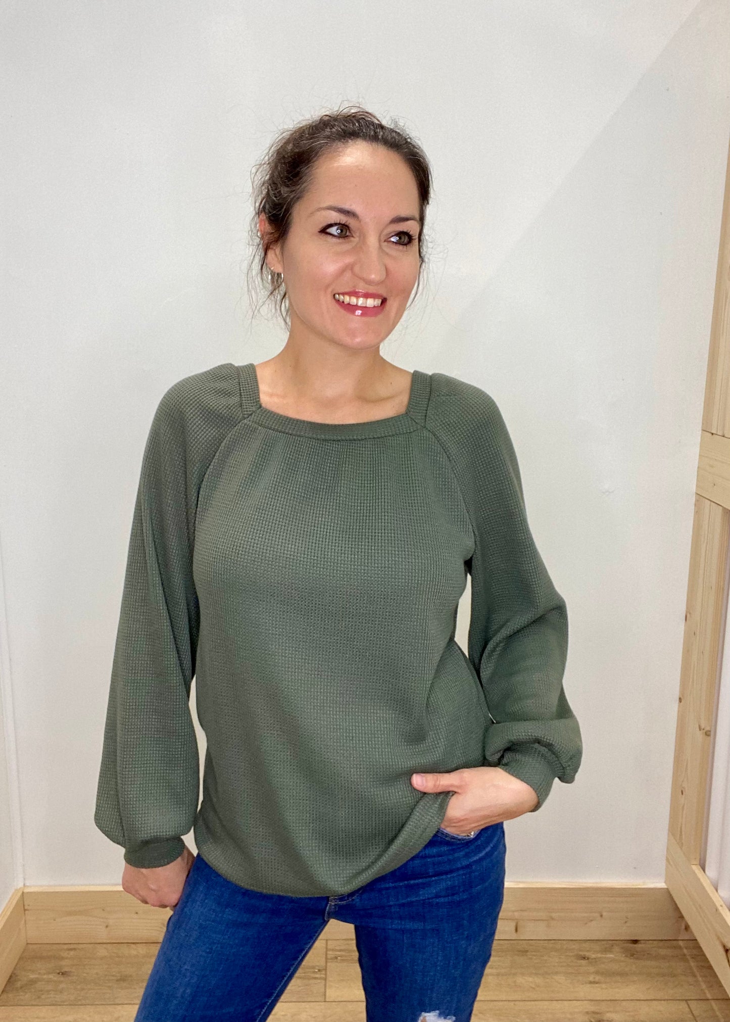 Long Sleeve Square Neck Waffle Knit Top