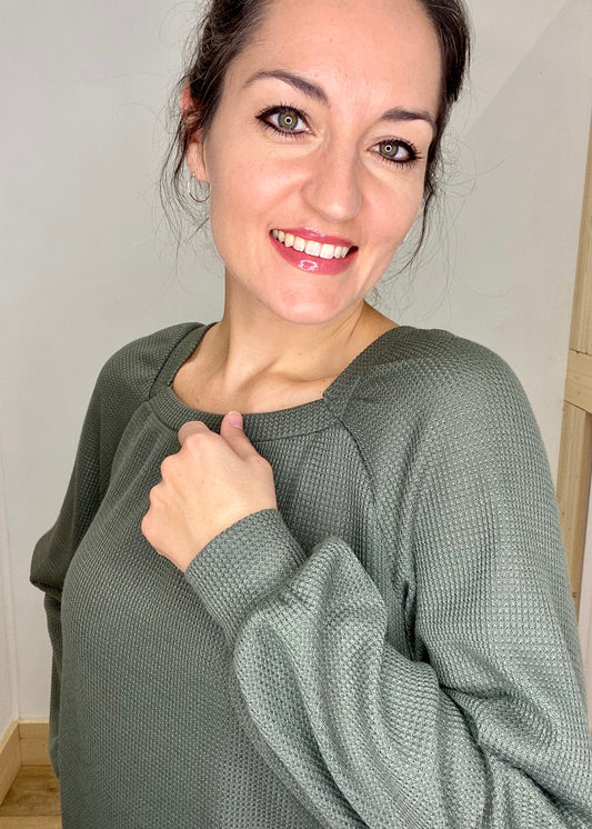 Long Sleeve Square Neck Waffle Knit Top