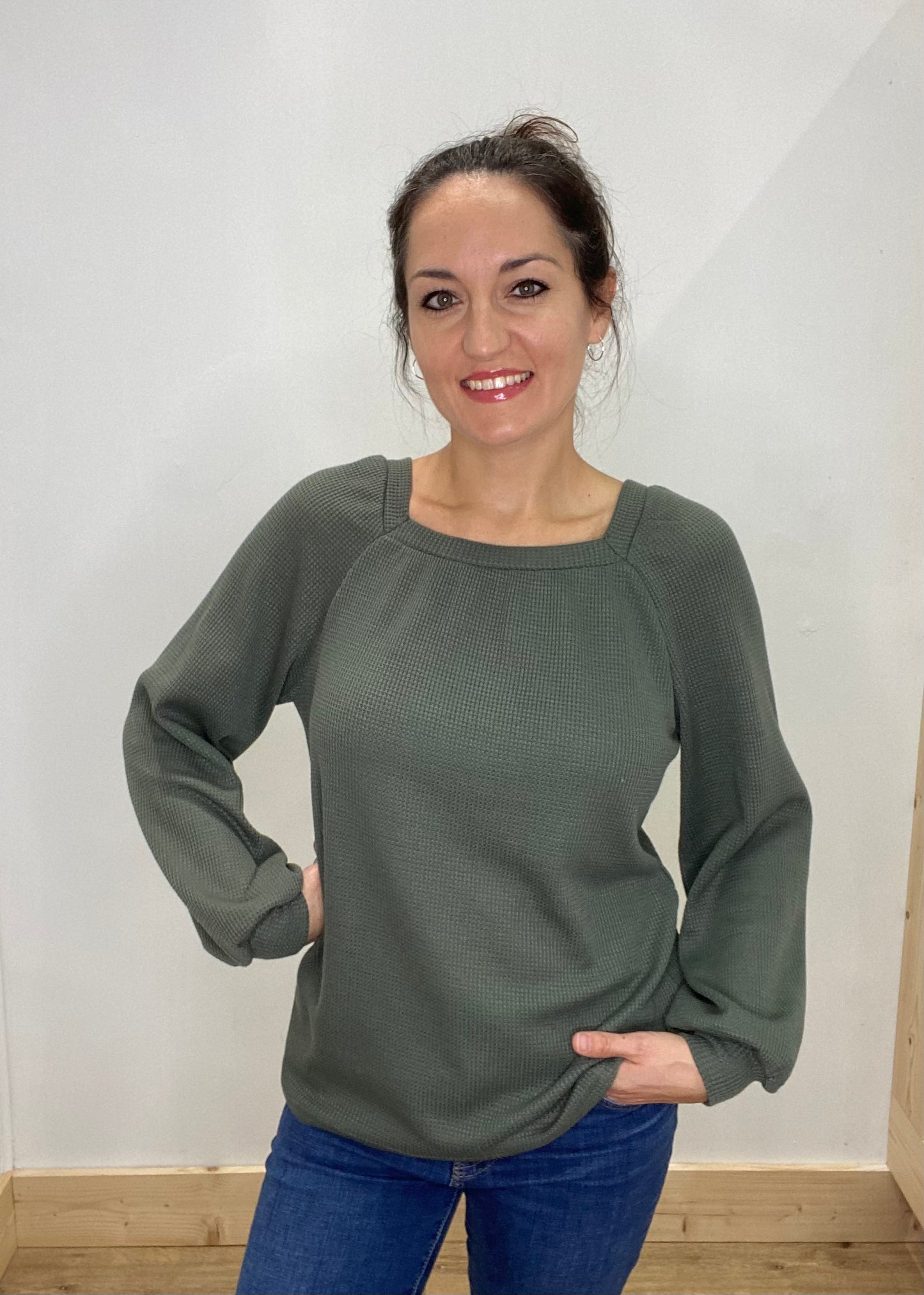 Long Sleeve Square Neck Waffle Knit Top