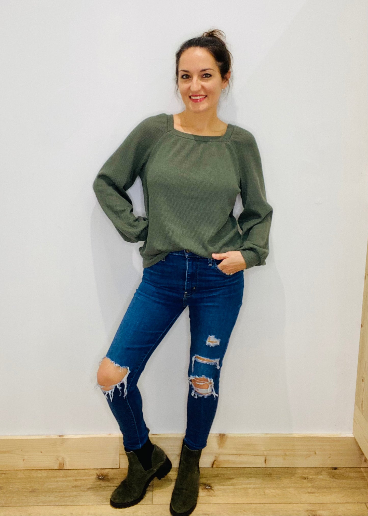 Long Sleeve Square Neck Waffle Knit Top