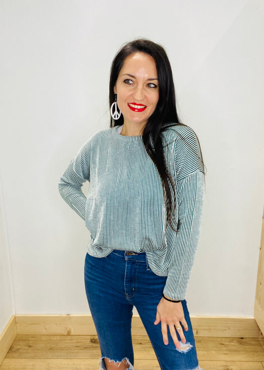 Candy Stripe Cord Ribbed Long Sleeve Top - Green & White