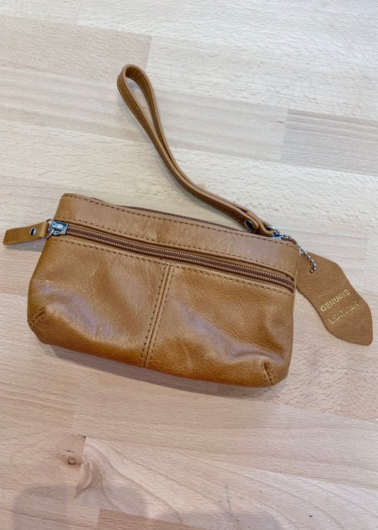Geniune Leather Wristlet Bag - Brown