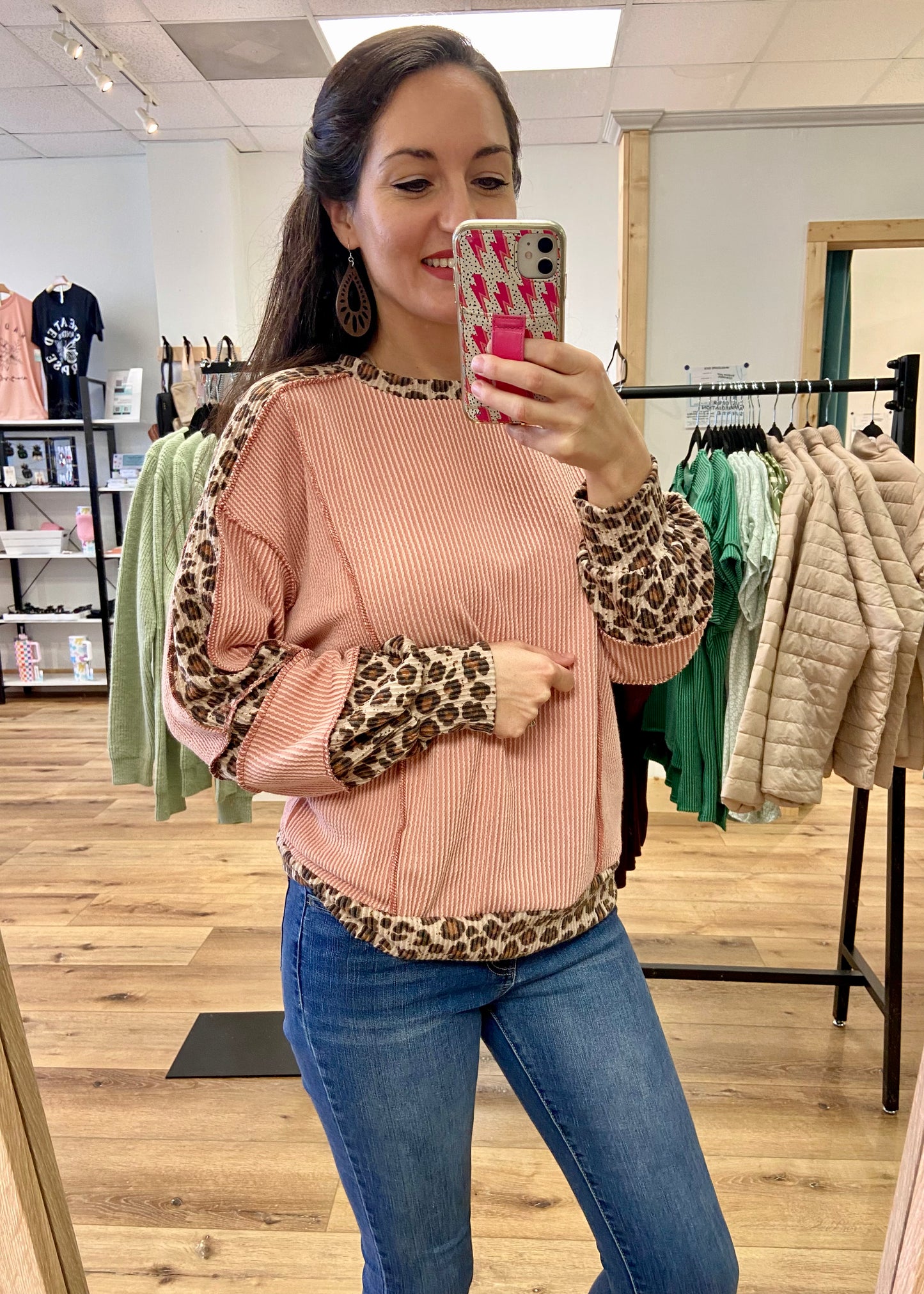 Elevated Leopard Cord Ribbed Top - Rose