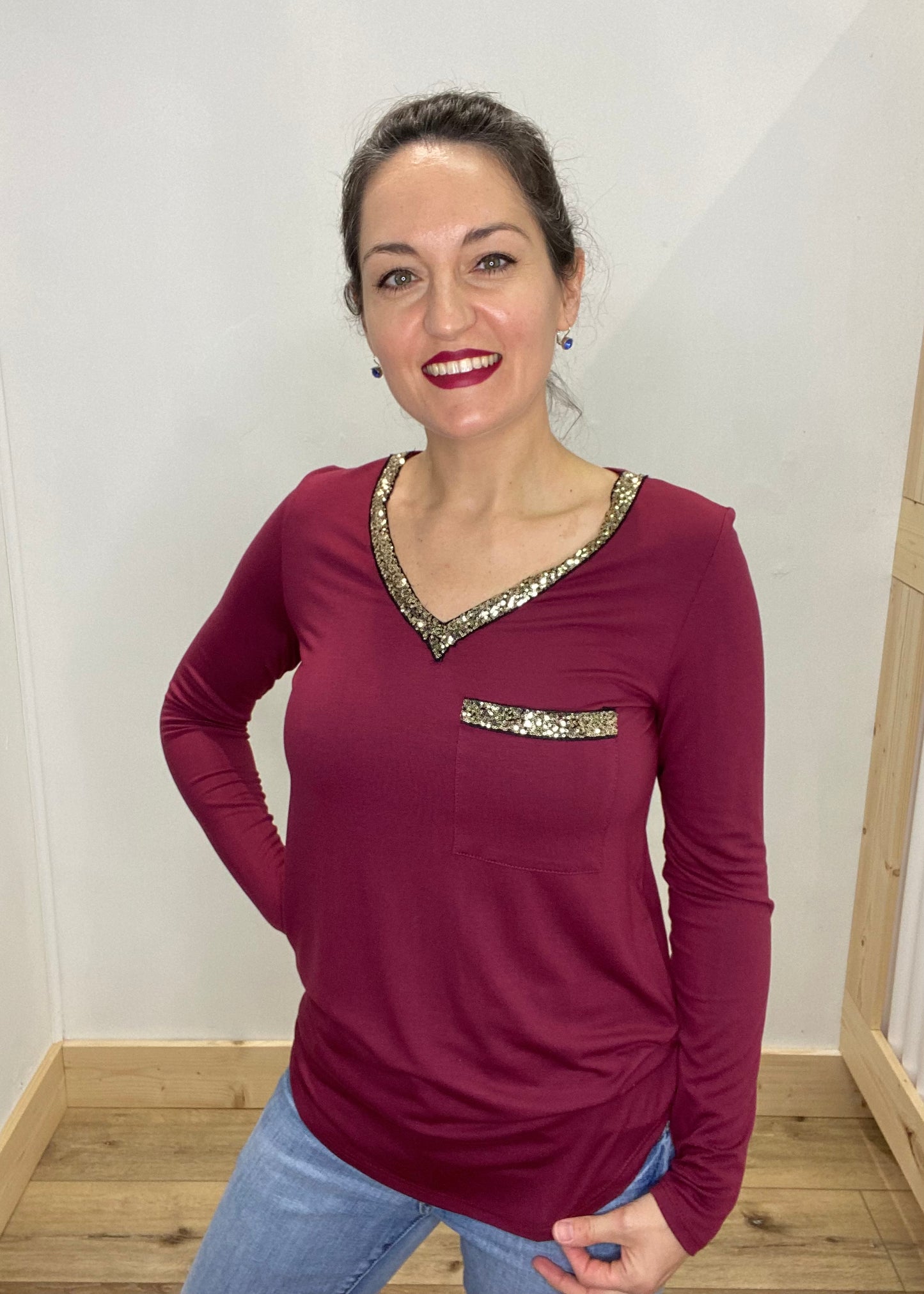 Sequin Flare V-Neck Top - Burgundy