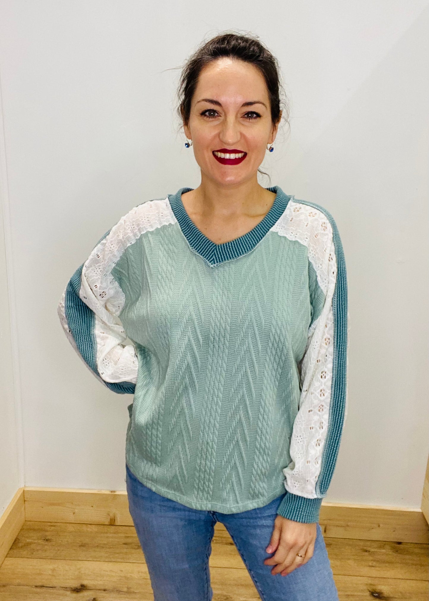 Cable Knit & Eyelet Lace Top - Olive