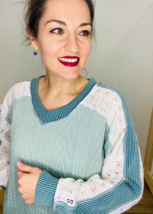 Cable Knit & Eyelet Lace Top - Olive