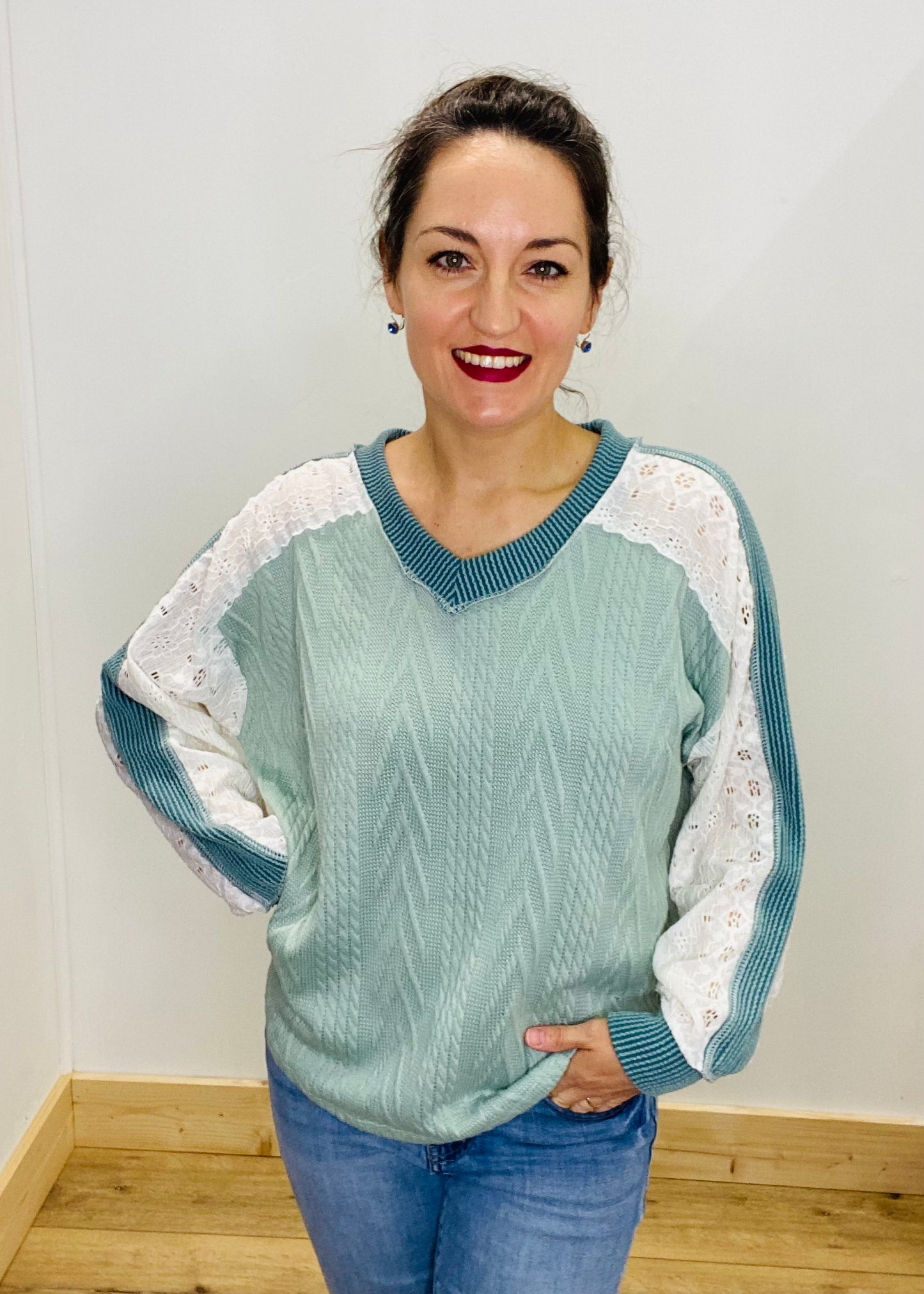Cable Knit & Eyelet Lace Top - Olive