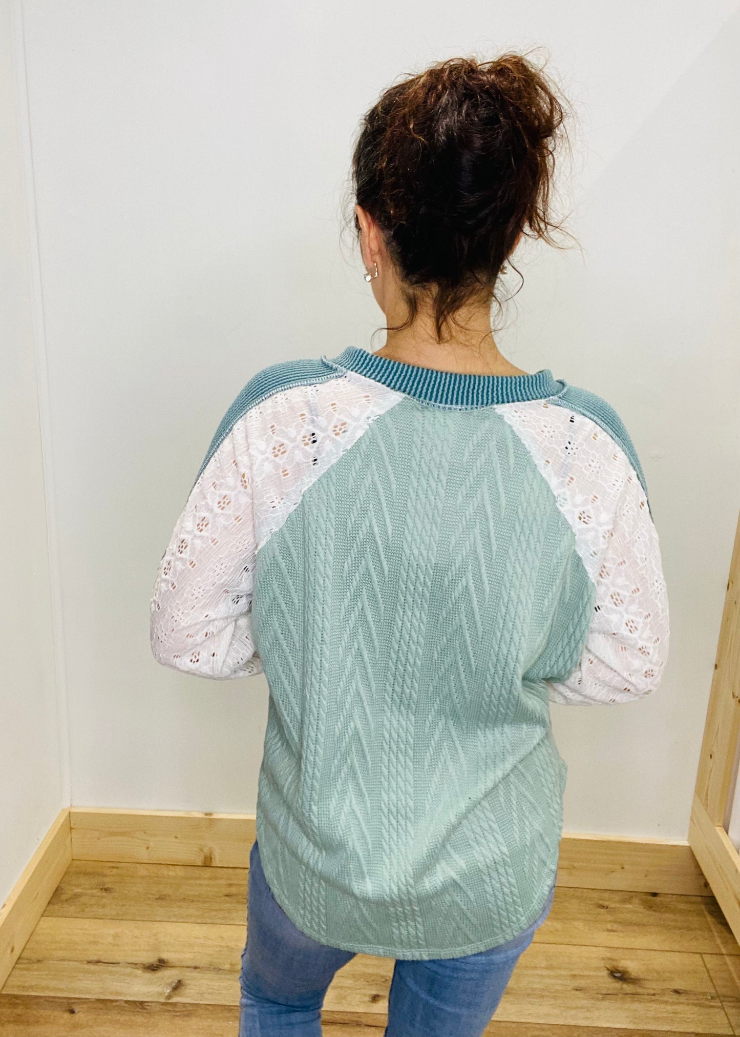 Cable Knit & Eyelet Lace Top - Olive