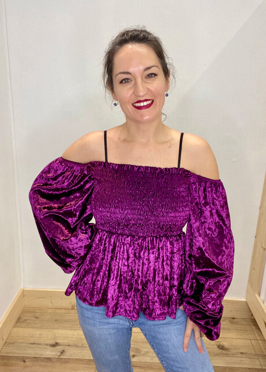 Crushed Velvet Balloon Sleeve Blouse