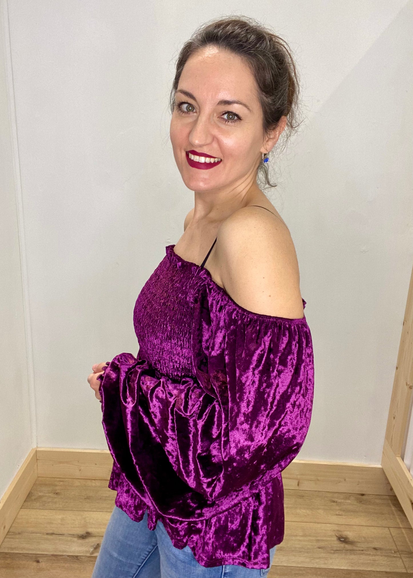 Crushed Velvet Balloon Sleeve Blouse