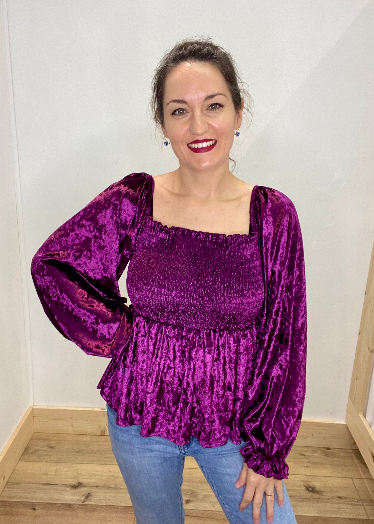 Crushed Velvet Balloon Sleeve Blouse