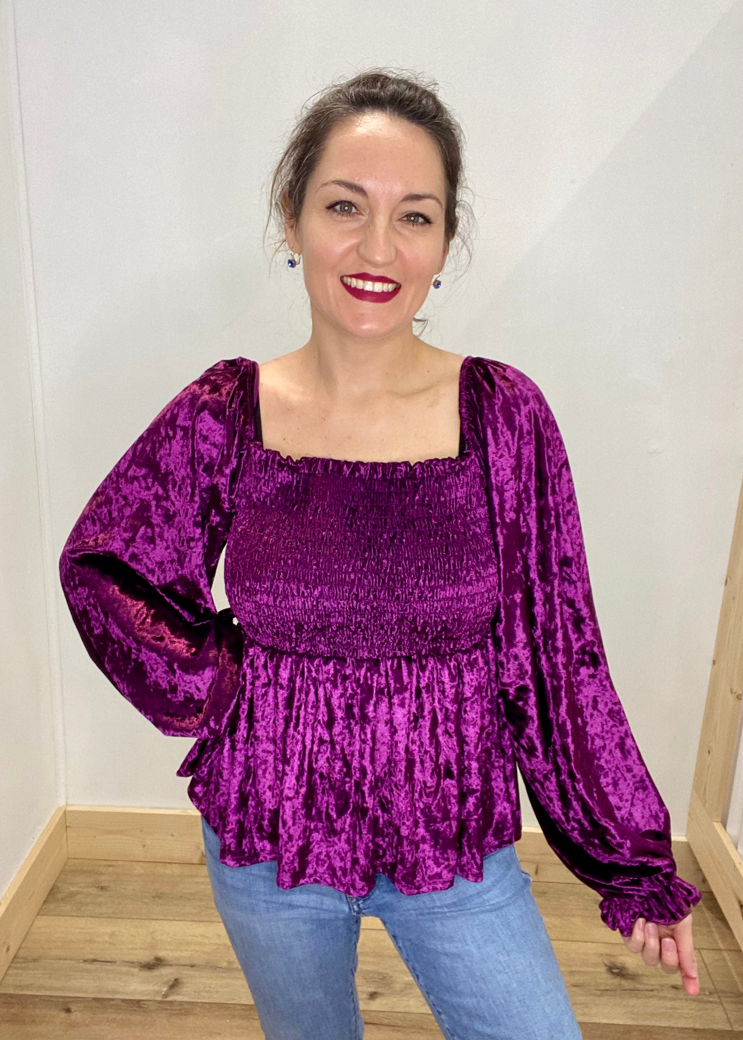 Crushed Velvet Balloon Sleeve Blouse
