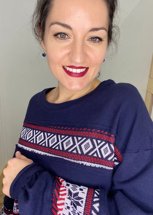 Wintery Bliss Knit Contrast Top - Navy