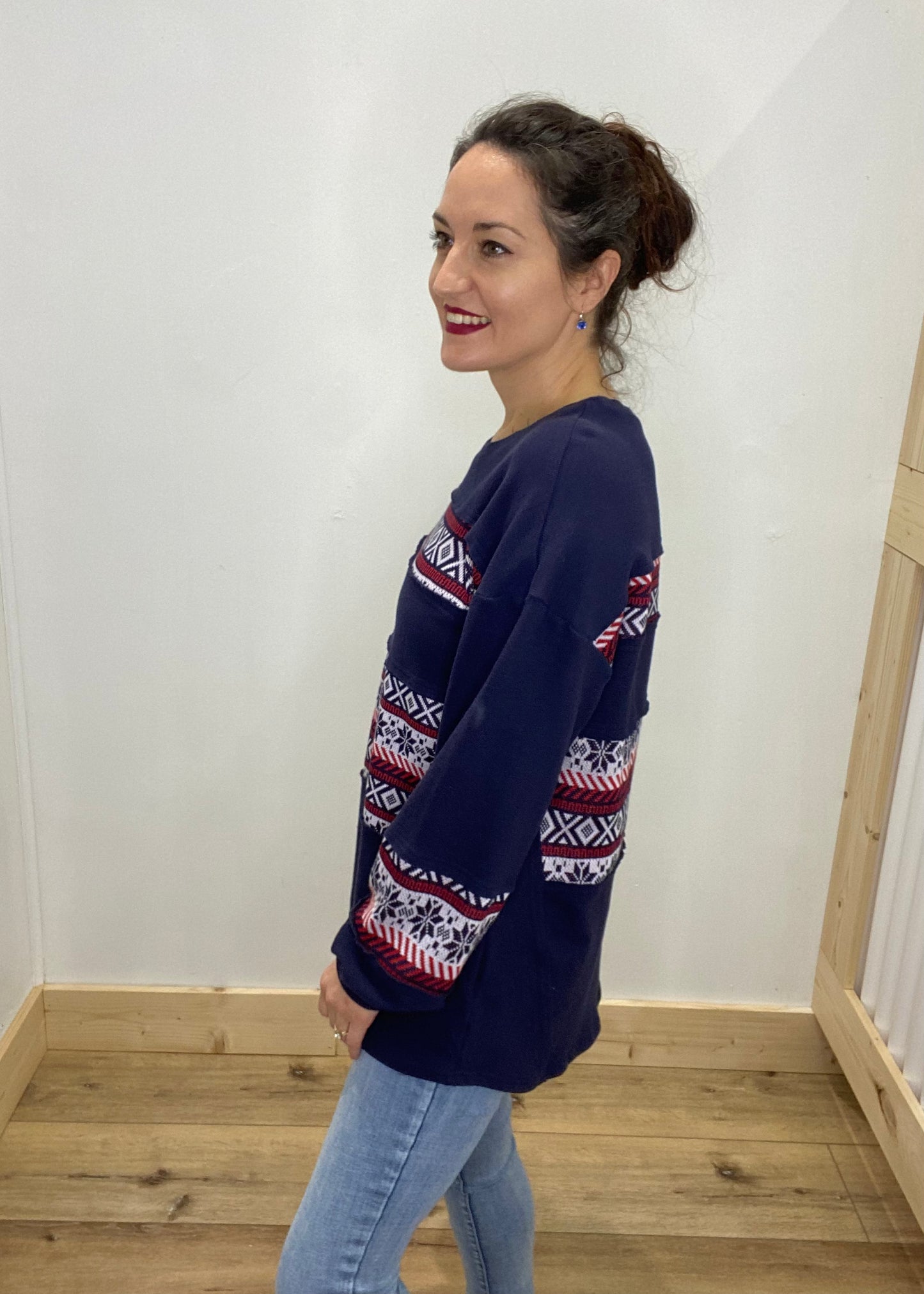 Wintery Bliss Knit Contrast Top - Navy