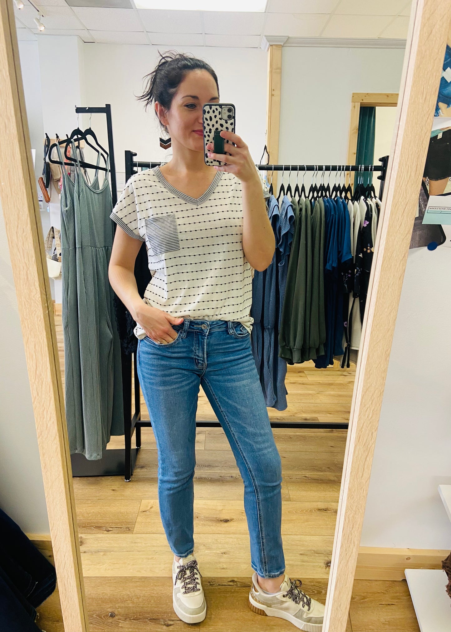 Dotty's Stripes V-Neck Top - Ivory & Black