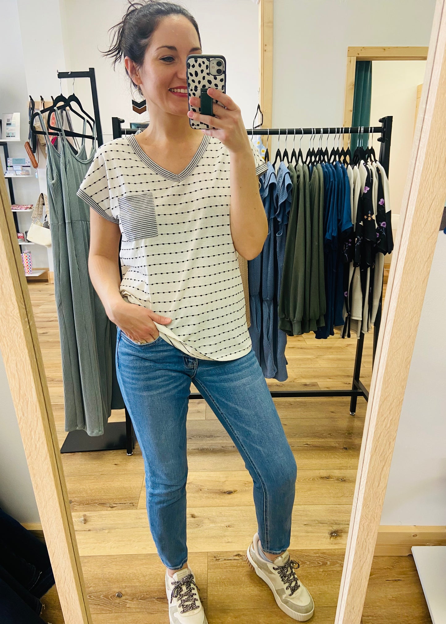 Dotty's Stripes V-Neck Top - Ivory & Black