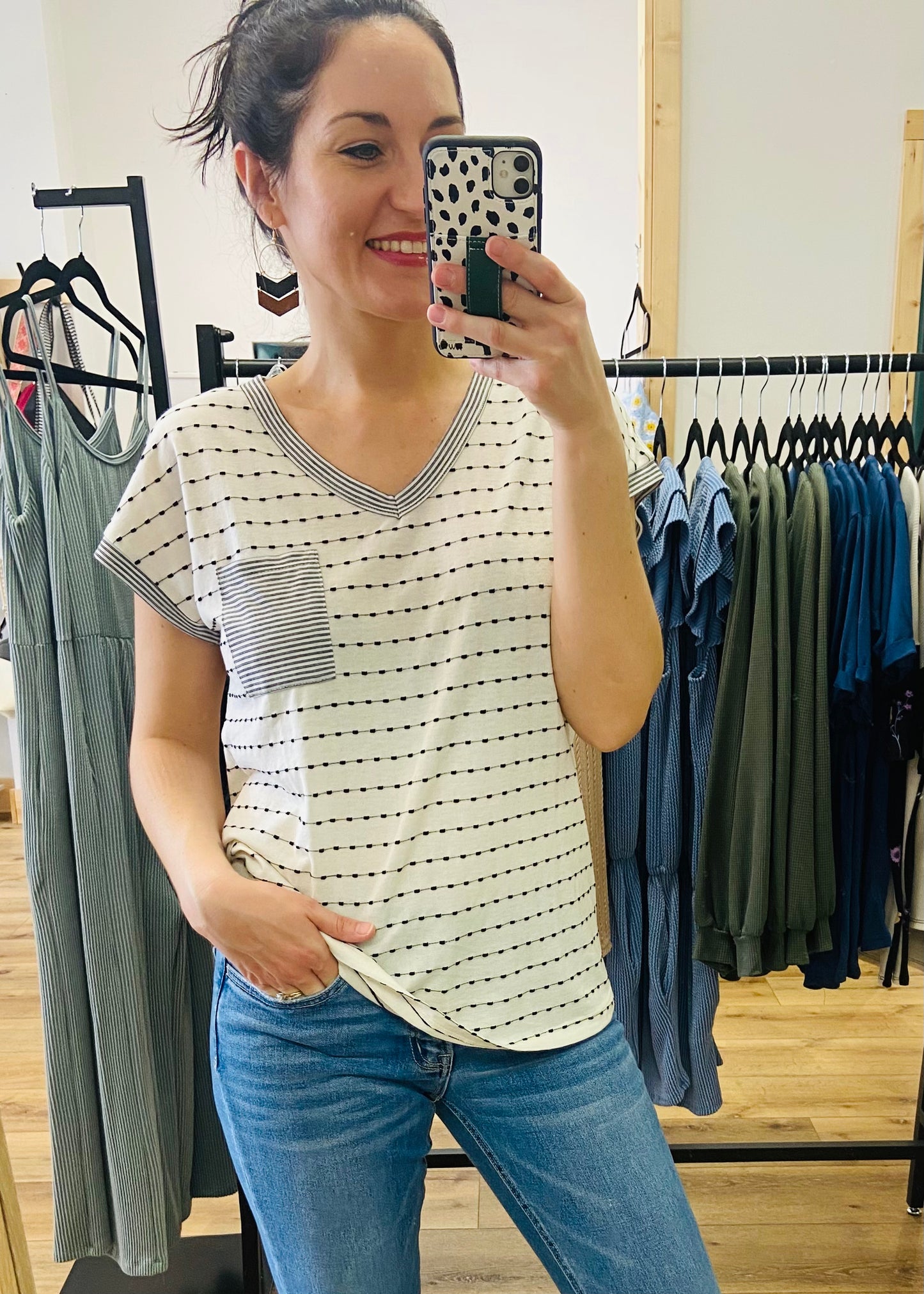 Dotty's Stripes V-Neck Top - Ivory & Black