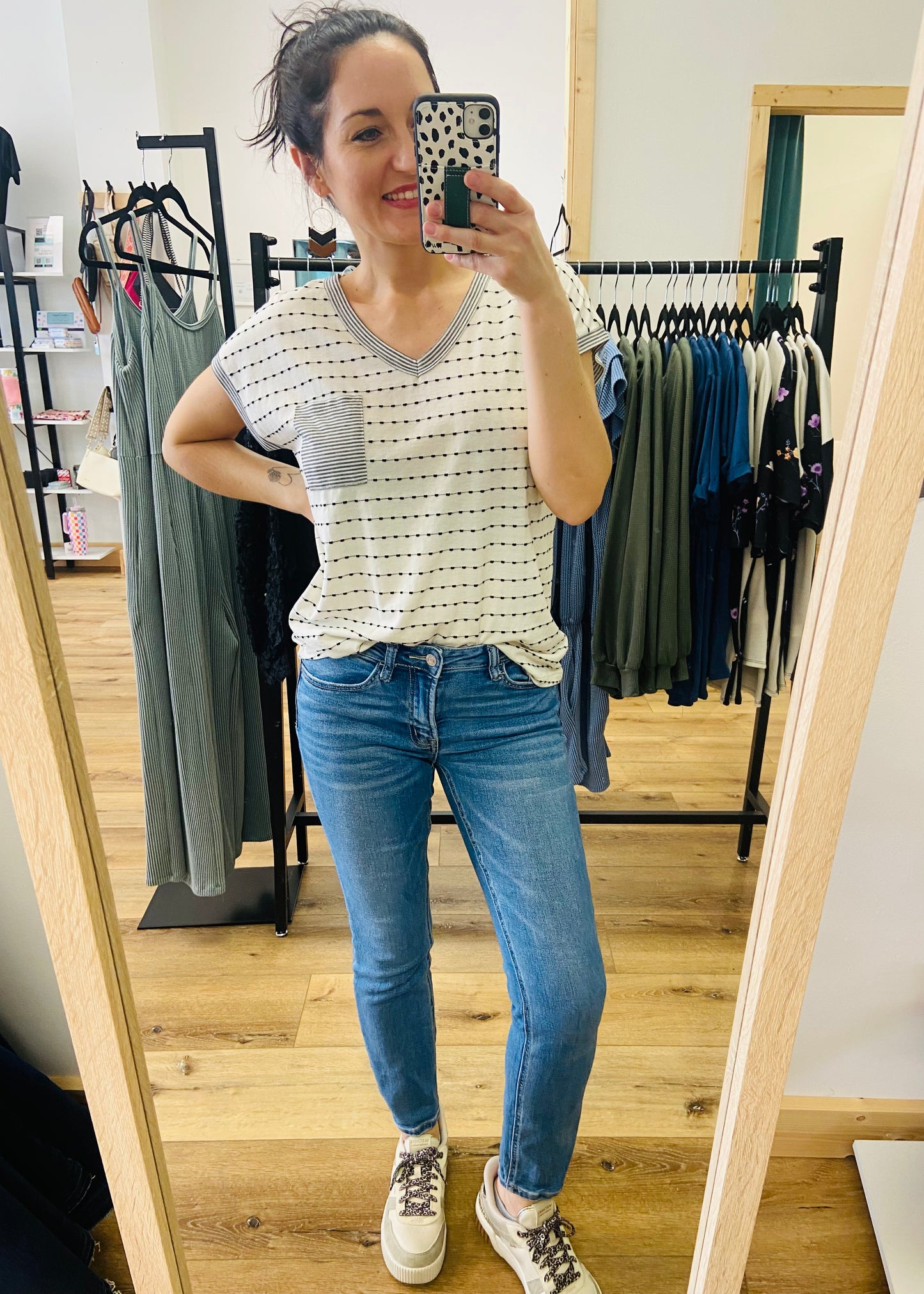 Dotty's Stripes V-Neck Top - Ivory & Black