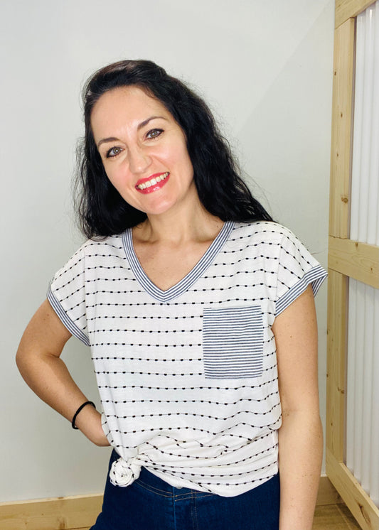 Dotty's Stripes V-Neck Top - Ivory & Black