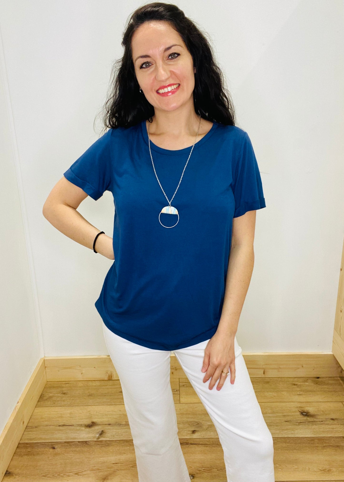 Crewneck Cuff Tee - Light Navy