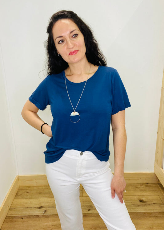 Crewneck Cuff Tee - Light Navy