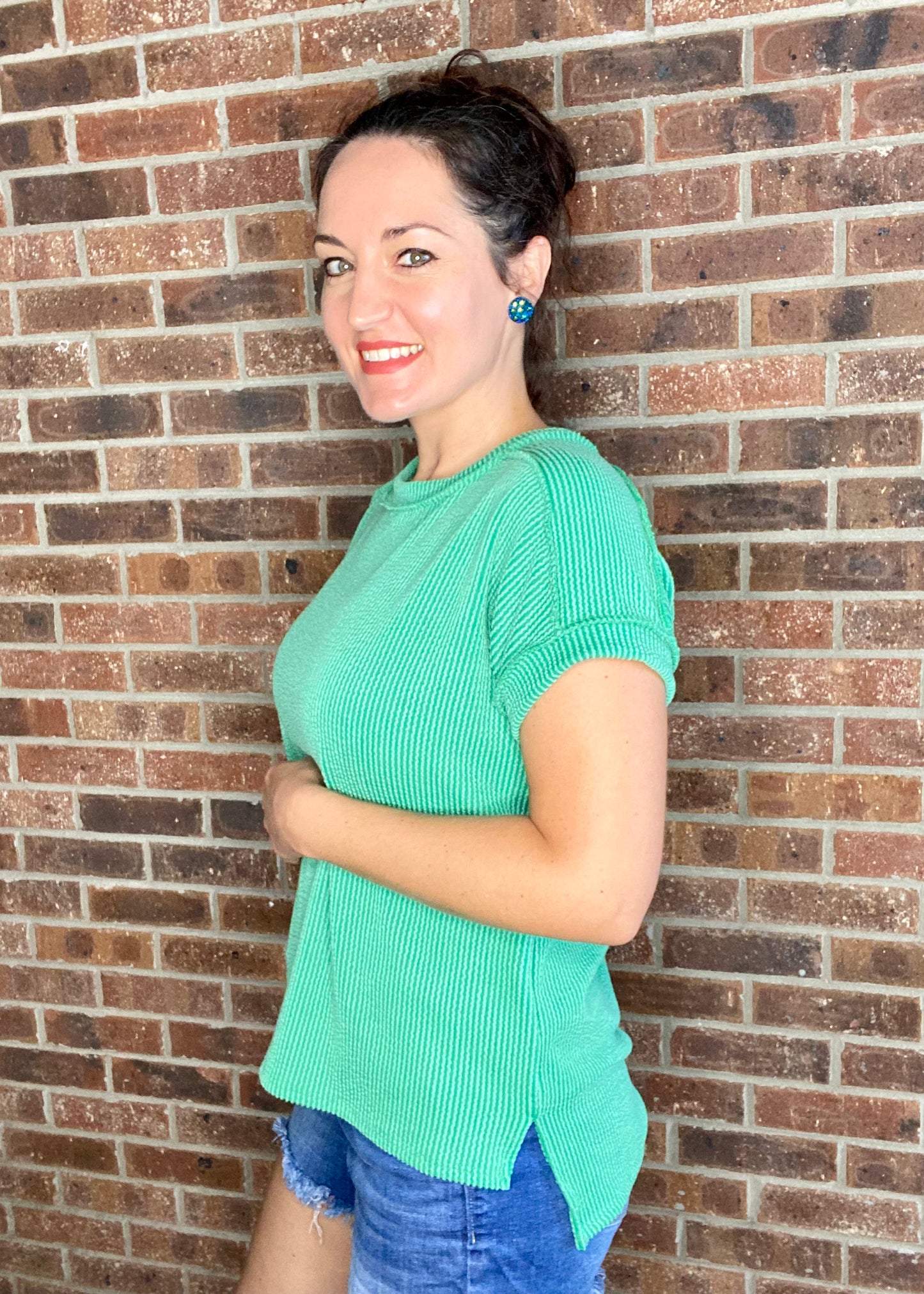Soft Ribbed Round Neck Top - Green