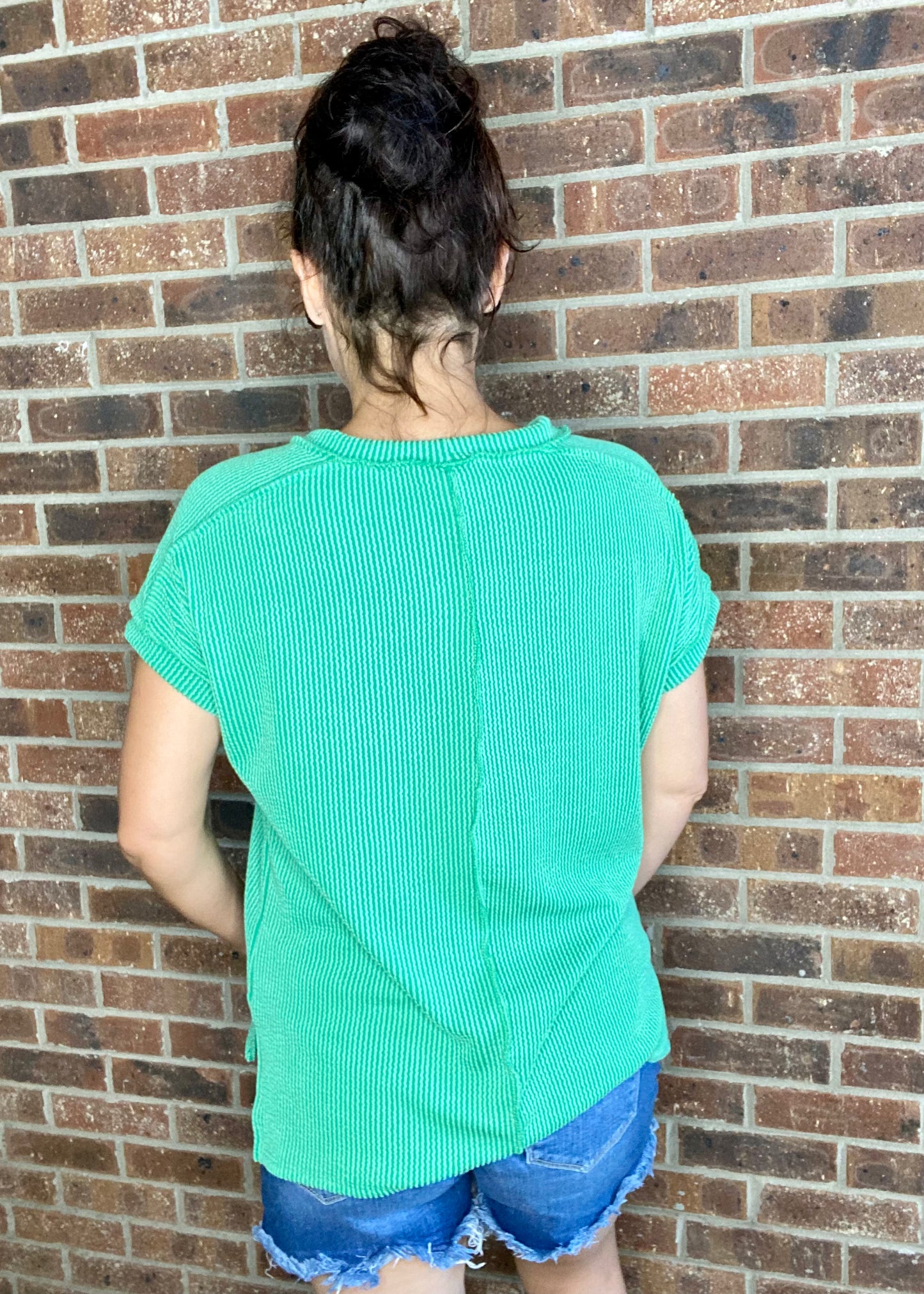 Soft Ribbed Round Neck Top - Green