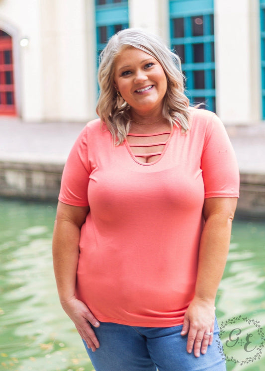 Barred Neckline Top - Coral