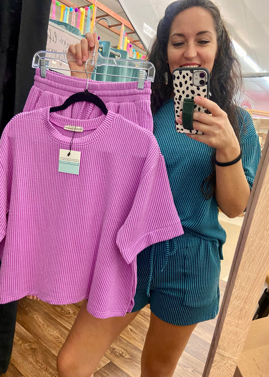 Zenana Cord Ribbed Top & Shorts Set - Spring Violet