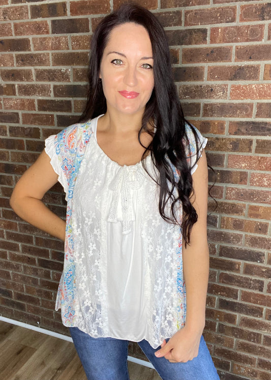 POL Draped in Lace Adjustable Neckline Top- Ivory