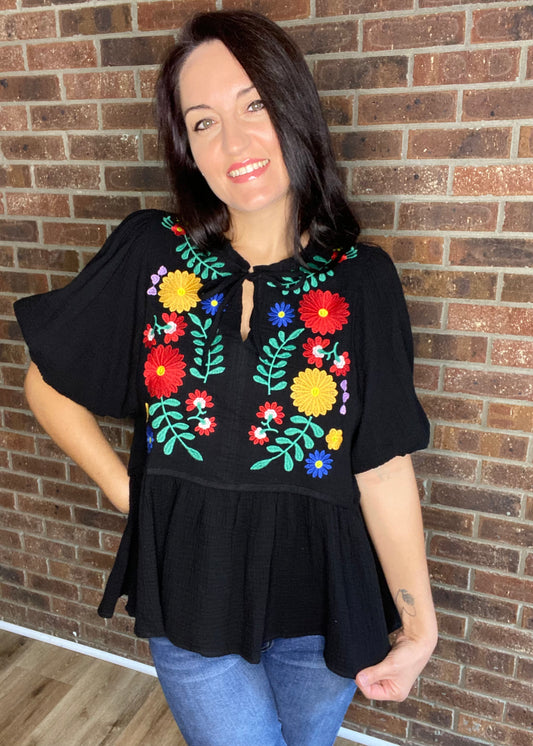 Umgee Floral Embroidery BabyDoll Top - Black