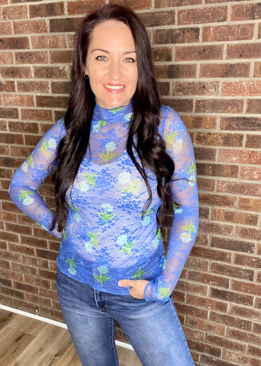 Umgee Bloom Mesh Floral Lace Top - Ocean Blue