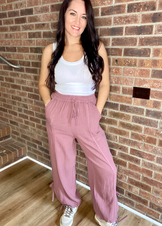 Side Tie Cotton Pants with Lace Detail